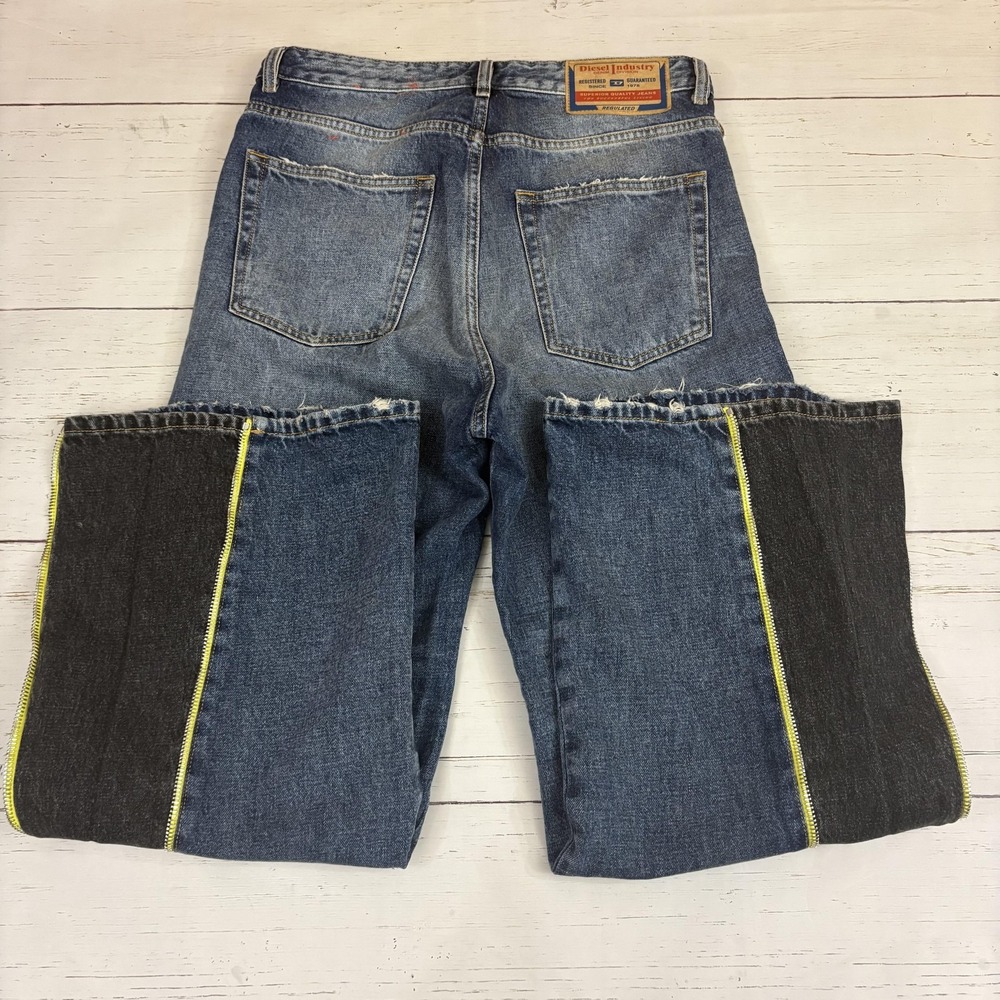 Diesel D-Rise-Zip-S Flare Jeans Mens 29x31 Blue Denim Neon Yellow Side Zips